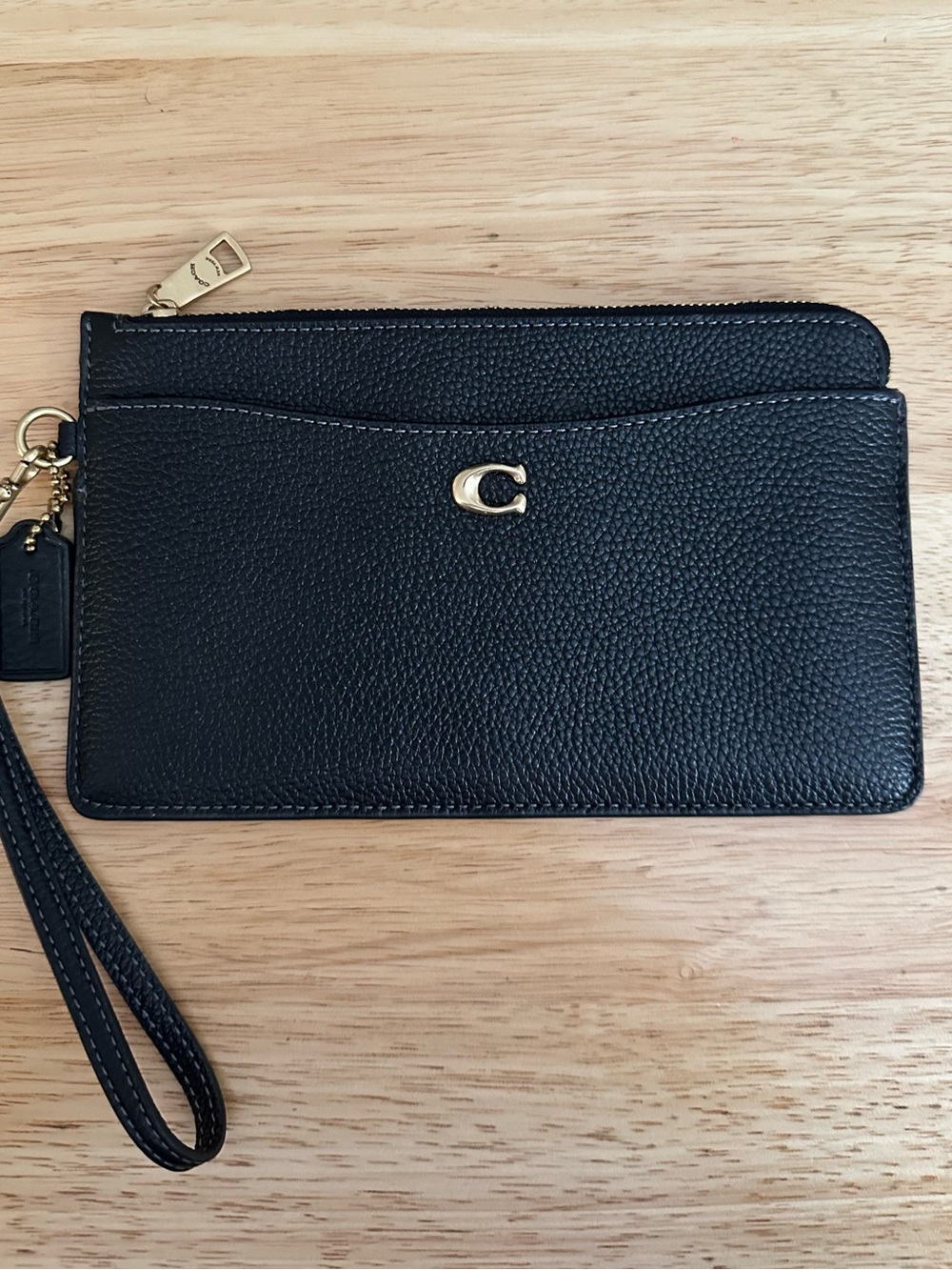Coach Black Pebbled Leather Zip Wristlet with Gold Hardware
